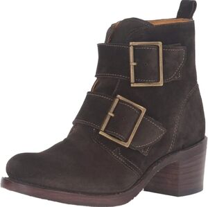 Frye Dark Brown Suede Sabrina Double Buckle Ankle Boots